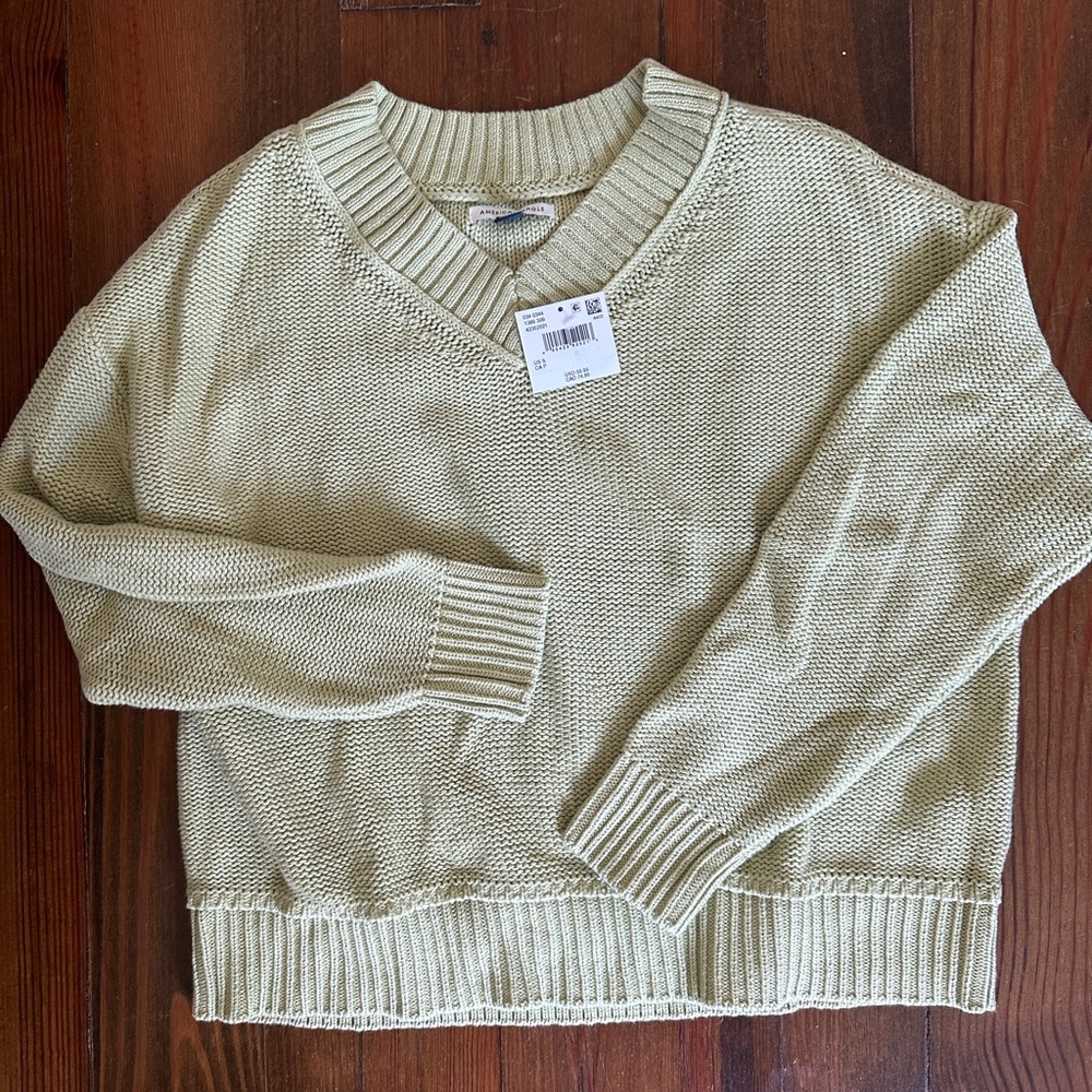 NWT American Eagle 100% Cotton V Neck Knit Sweater in Light Green - Size S